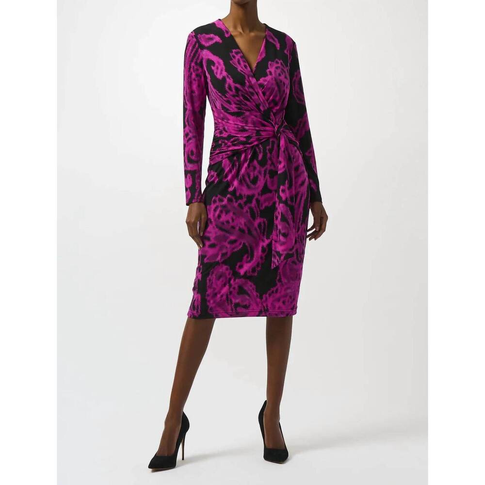 NEW JOSEPH RIBKOFF paisley print faux wrap sheath dress in black/cosmos